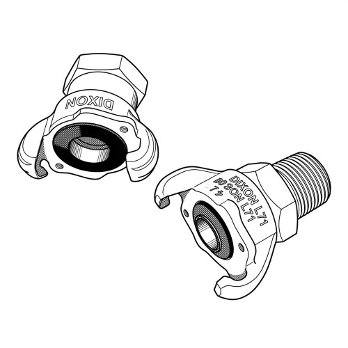 Line art illustration: Dixon brass quick-connect hose couplings: female threaded coupler with levers and male threaded adapter