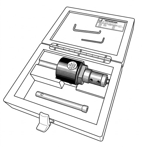 Line art illustration: Renishaw TP1s Touch Probe in open case with probe, hex keys, and spanner