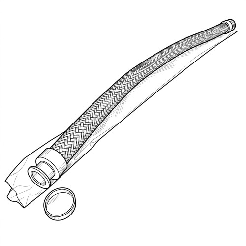 Line art illustration: Braided flexible coupling in packaging, with a connector, flange, and separate cap
