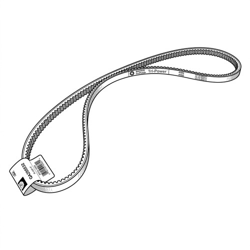 Line art illustration: Gates Tri-Power V-belt, cogged on both sides, with an attached product identification tag