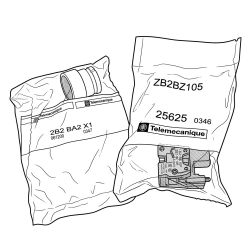 Line art illustration: Telemecanique push button head (ZB2BA2) and contact block (ZB2BZ105) in their packaging