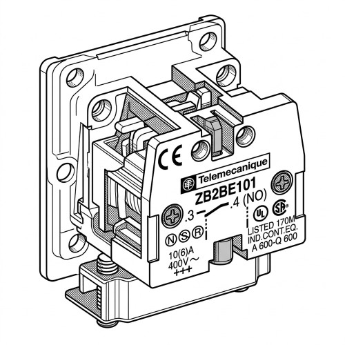 Line art illustration: Telemecanique ZB2BZ103 contact block, 2NO, showing screw terminals, internal mechanism, and electrical ratings