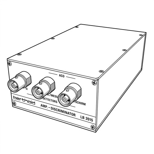 Line art illustration: Berthold LB 2015 alpha amplifier-discriminator with three BNC connectors and front panel labels