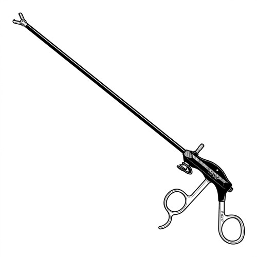 Line art illustration: Laparoscopic biopsy forceps with a long shaft, serrated jaws, and a scissor-grip handle
