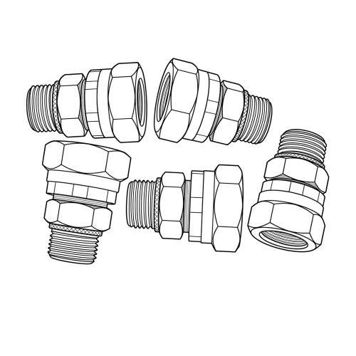 Line art illustration: Five steel swivel fittings with threaded ends and hexagonal nuts