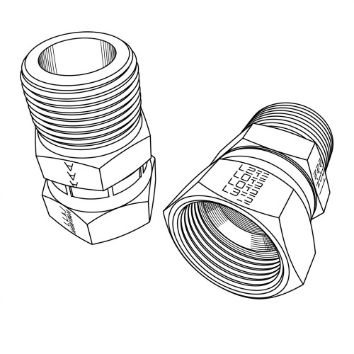 Line art illustration: Two carbon steel JIC swivel fittings: one straight, one angled, with threaded ends