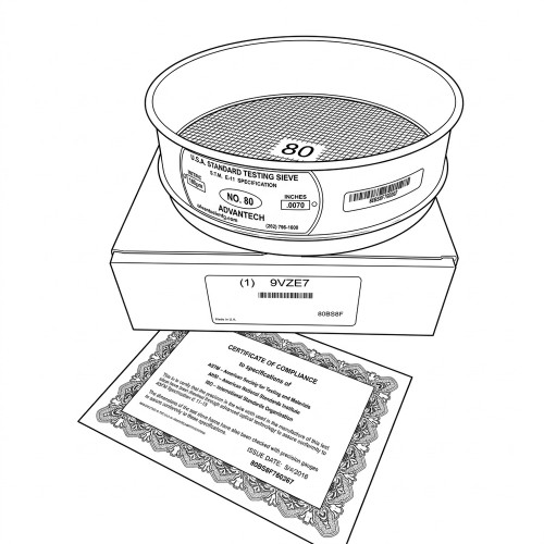 Line art illustration: A #80 ASTM test sieve, its box, and a certificate of compliance