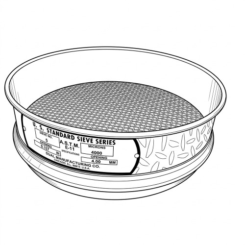 Line art illustration: A U.S. Standard ASTM test sieve, size 5, with 4000 micron mesh and label