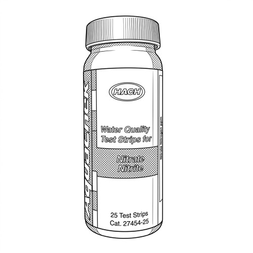 Line art illustration: A Hach AquaChek bottle of 25 water quality test strips for Nitrate and Nitrite
