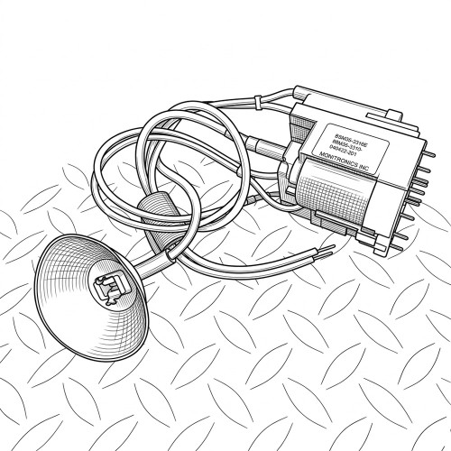 Line art illustration: Flyback transformer with coiled wires and a connected reflector on a diamond plate surface
