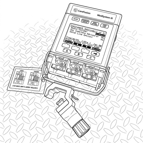 Line art illustration: CareFusion MedSystem III infusion pump with screen, controls, three channels, and clamp