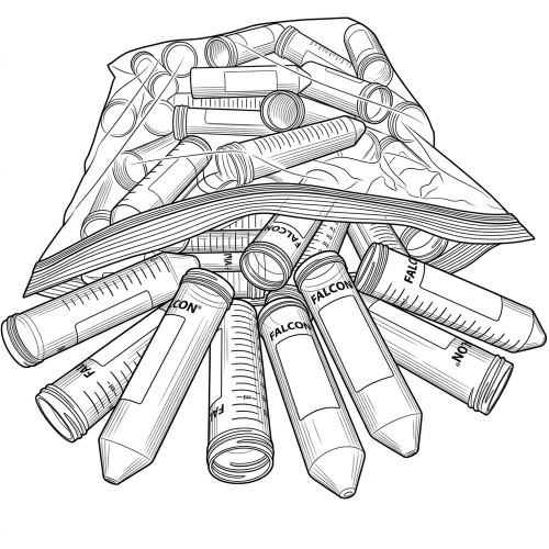 Line art illustration: Conical 50mL Falcon centrifuge tubes, capless, spilling from a partially open plastic bag