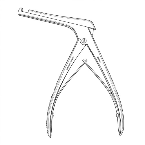 Line art illustration: Kerrison rongeur: long-shafted surgical tool with a half-oval bite and spring handles