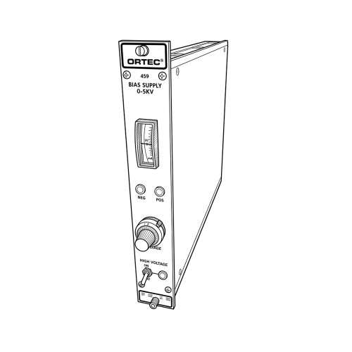 Line art illustration: Ortec 459 Bias Supply module: meter, voltage knob, HV switch, NEG/POS controls