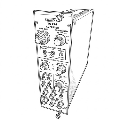 Line art illustration: Tennelec TC 244 Spectroscopy Amplifier with gain, pulse shape, peaking time controls, and BNC ports