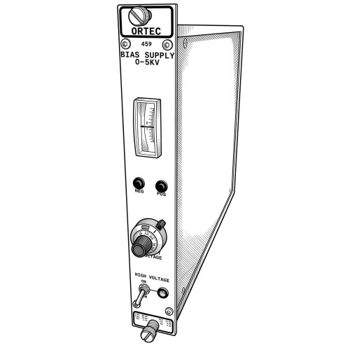 Line art illustration: Ortec 459 0-5KV bias supply with meter, voltage knob, polarity buttons, and HV switch