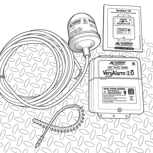 Line art illustration: Alderon VersAlarm I/O tank alarm system with control panel, coiled cable, float switch, manual, and strap