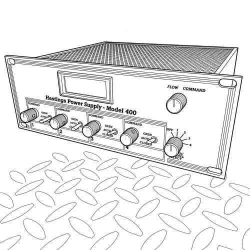 Line art illustration: Hastings Power Supply Model 400, front panel with display, four command channels, and flow control