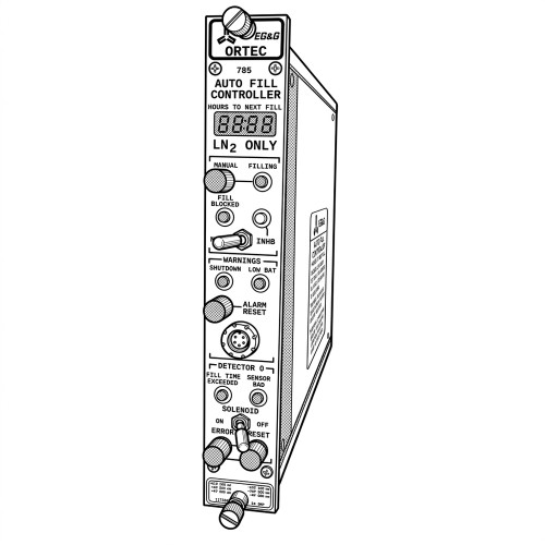 Line art illustration: Ortec 785 LN2 auto-fill controller with digital display, indicator lights, switches, and control knobs