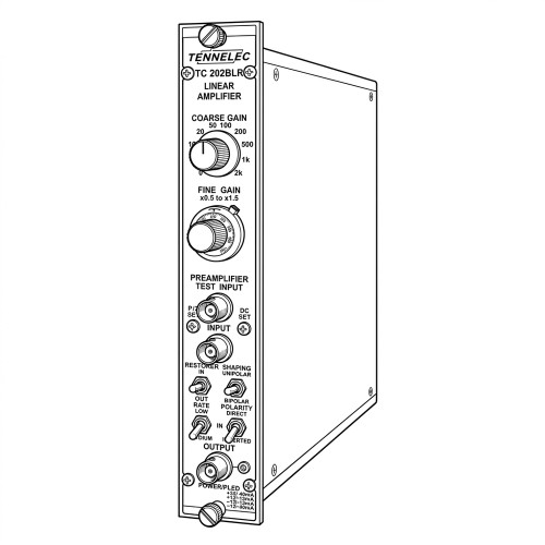 Line art illustration: Tennelec TC 202BLR Linear Amplifier module with gain controls, input/output ports, and toggle switches
