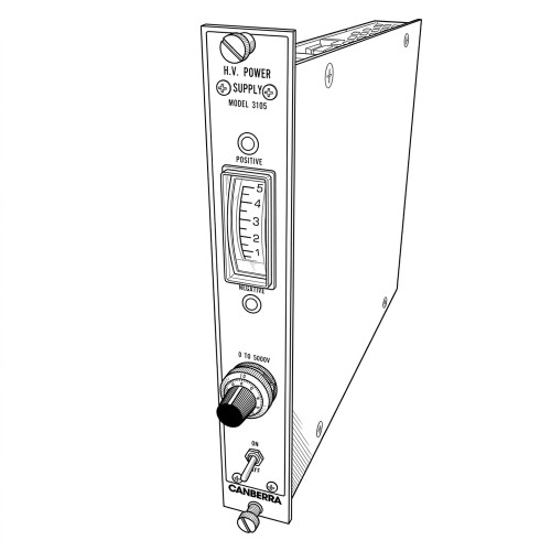 Line art illustration: Canberra 3105 H.V. Power Supply with meter, voltage knob (0-5000V), and on/off switch