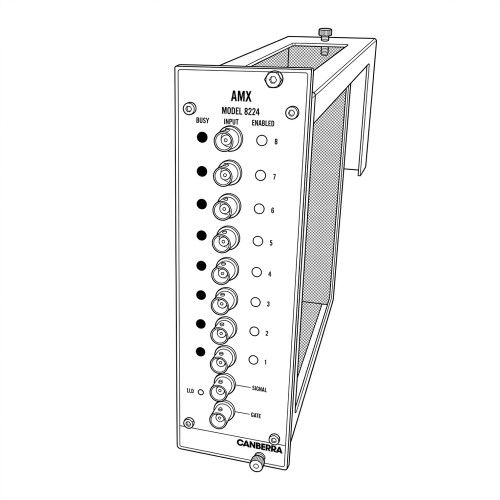 Line art illustration: Canberra 8224 AMX module: eight BNC inputs, busy/enabled indicators, and signal/gate ports