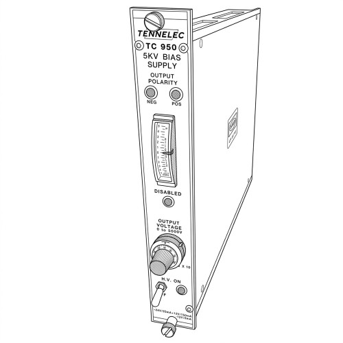 Line art illustration: Tennelec TC 950 5KV bias supply module with polarity buttons, meter, voltage knob, and HV switch