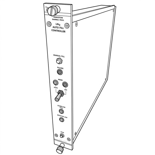 Line art illustration: LN2 auto fill controller module with front panel controls: dial, switch, buttons, and indicators