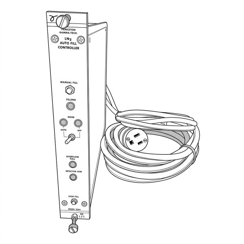 Line art illustration: NIM BIN module LN2 auto-fill controller with a front panel, controls, indicators, and coiled power cord
