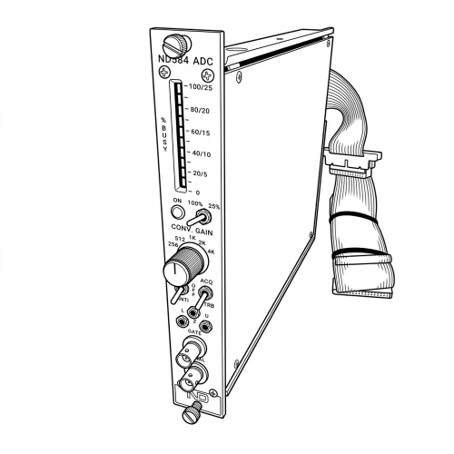 Line art illustration: ND584 ADC NIM module: busy meter, gain knob, switches, BNC ports, ribbon cable