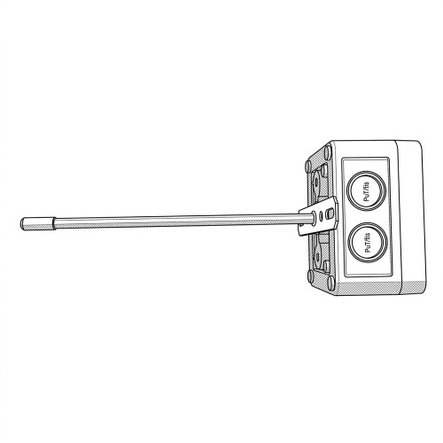 Line art illustration: ACI duct temperature sensor with long probe and rectangular enclosure