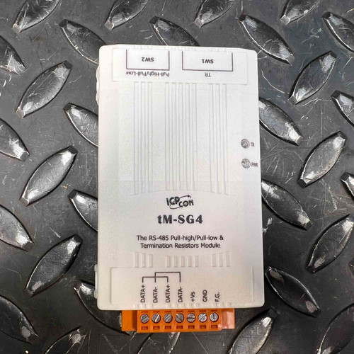 ICP DAS tM-SG4 RS-485 termination module showing terminal block, status LEDs, and switch labels.