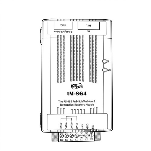 Line art illustration: tM-SG4 RS-485 module with bias and termination switches, indicator lights, and data/power terminals