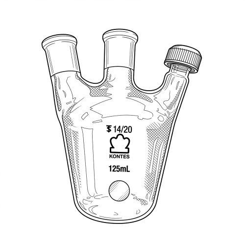 Line art illustration: European-style Kimble Kontes 125mL 3-neck flask, two ground joints, one threaded cap