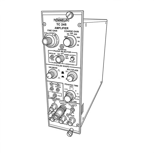 Line art illustration: Tennelec TC 245 spectroscopy amplifier module with multiple gain, shaping, and input/output controls on its front panel