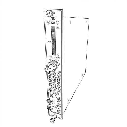 Line art illustration: Canberra ADC 8715 NIM module front panel and side cover