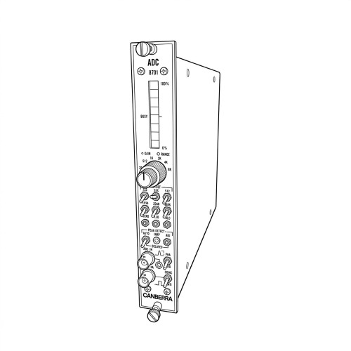 Line art illustration: Canberra 8701 ADC module with bar graph, gain knob, multiple switches, and BNC connectors