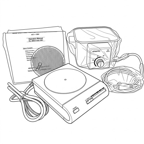 Line art illustration: Advantec magnetic stirrer, heated water bath, operation manual, and power cables