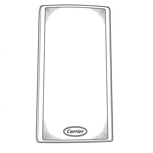 Line art illustration: Rectangular Carrier zone sensor with rounded corners, a 'Carrier' logo, and shaded corner details