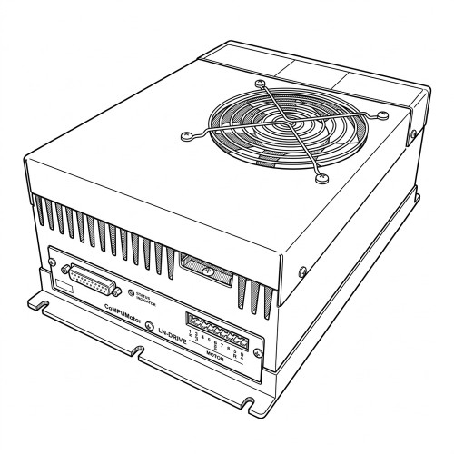 Line art illustration: Compumotor LN-DRIVE with fan, heat sink, DB connector, status light, and motor terminals