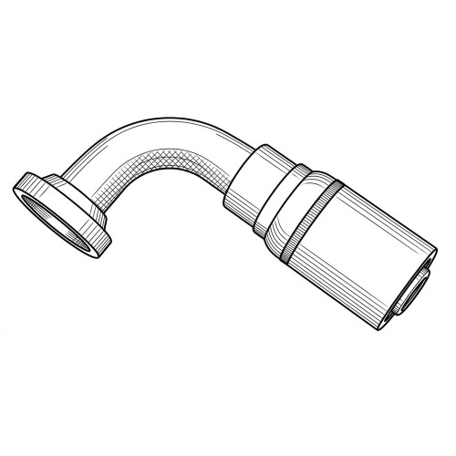 Line art illustration: Coll-O-Crimp 90-degree pipe elbow with split flange and hose crimp connection