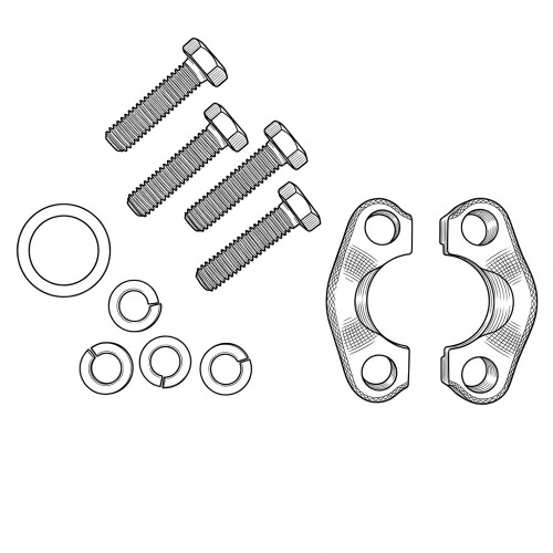 Line art illustration: Hydraulic split flange kit: two halves, four bolts, one flat, and four lock washers
