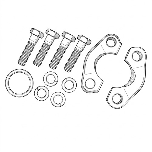 Line art illustration: Hydraulic split flange kit components: two flanges, four bolts, one flat, five lock washers