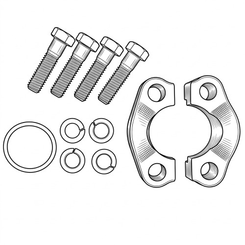 Line art illustration: split flange kit with four bolts, washers, O-ring and two halves