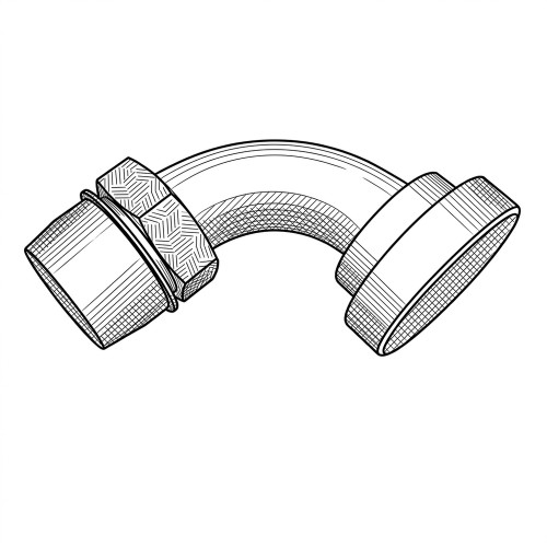 Line art illustration: 90 degree split flange elbow adapter with JIC hex end