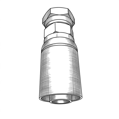 Line art illustration: Hydraulic hose fitting featuring a hexagonal top, hex mid-section, and a cylindrical lower body