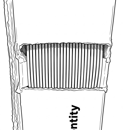 Line art illustration: Cross-section of a flat ribbon cable, showing many parallel insulated conductors