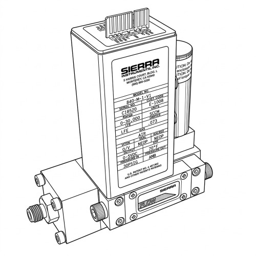 Line art illustration: Sierra 840-M-1-V1 Mass Flow Controller, showing data label, electrical connections, and fluid ports