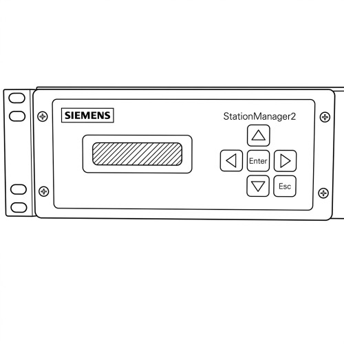 Line art illustration: Siemens StationManager 2 rack module with a display, up/down/left/right, Enter, and Esc buttons