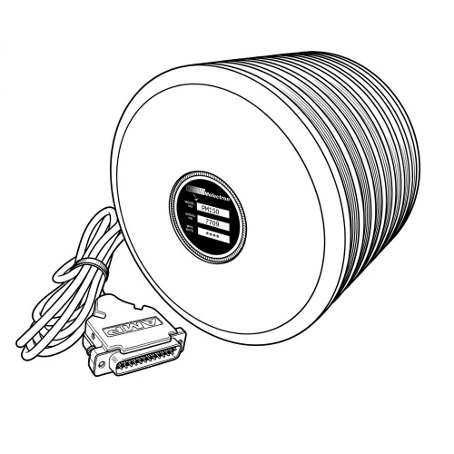 Line art illustration: Molectron PM150 laser power sensor: cylindrical head with label, coiled cable, and AMP connector